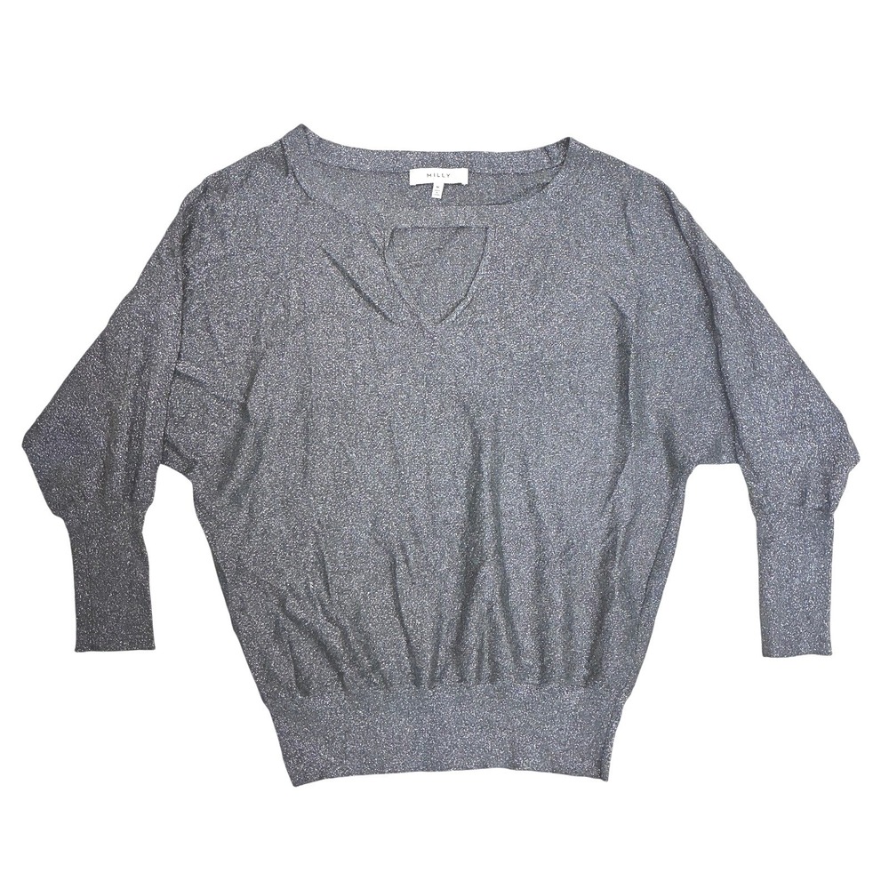 Milly Cut Out Keyhole Sweater Womens M Gray Metallic Dolman Sleeve Knit Party